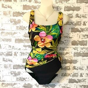 Longitude Floral One Piece Swimsuit Size 14 Tummy Control Ruched Tropical